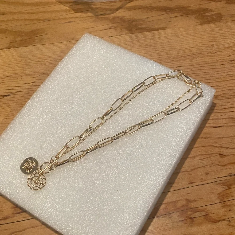 Golden Layered Paperclip Chain, Toggle Clasp, Compass Pendant, Engraved Quote!